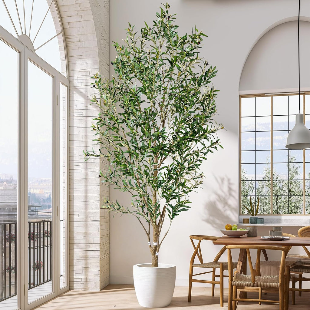 8ft Faux Olive Tree with White Pot & Moss, Artificial Olive Tree Indoor Outdoor, PE/PVC Leaves, Realistic Resin Trunk