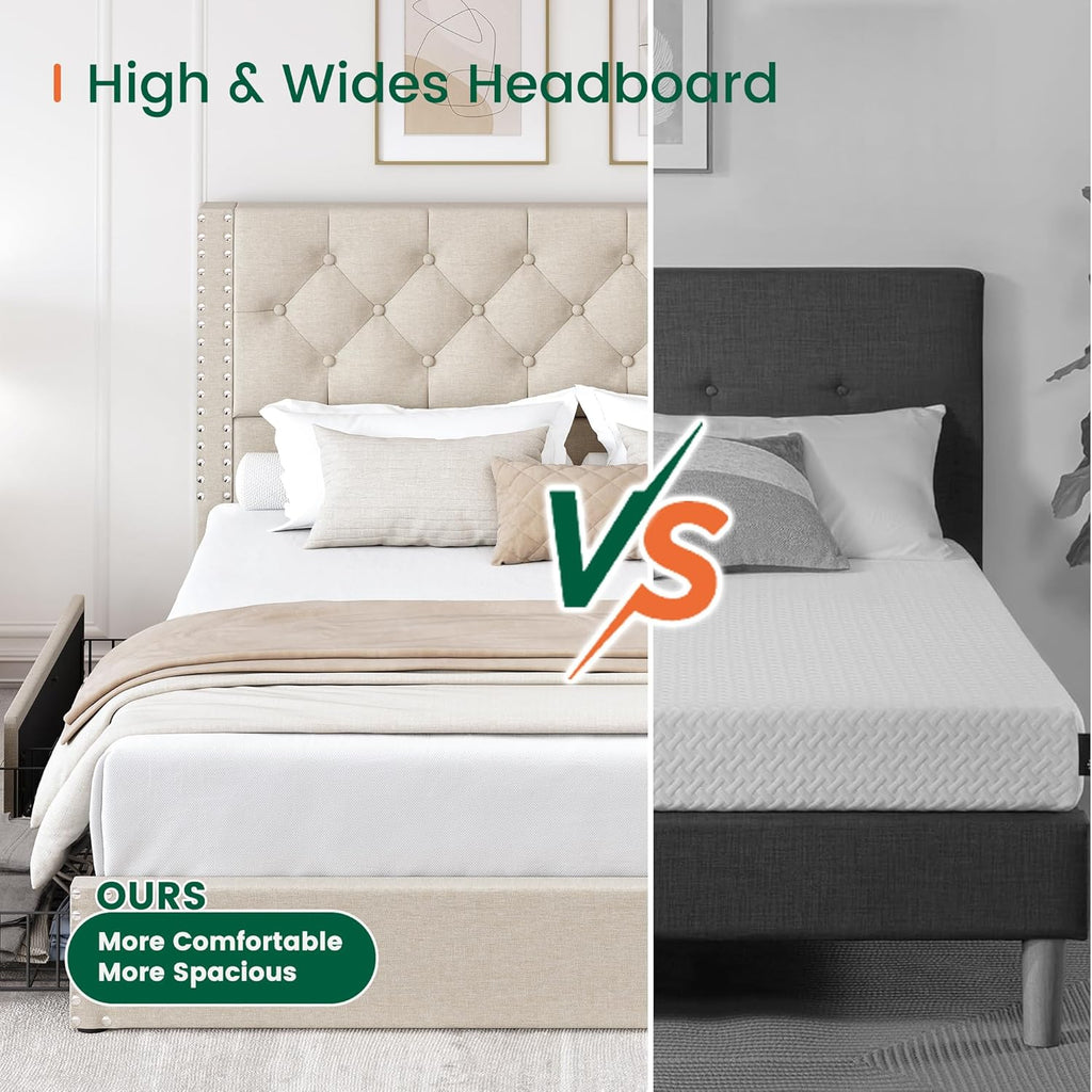 Queen Bed Frame with 4 Storage Drawers and Tufted Headboard Linen Upholstered Platform Bed Frame with Heavy Duty Wood