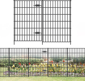 Metal Garden Fence with Gate 40in (H) x 23.3ft (L), 1 Gate + 9 Panels Dog Fence Border Fence Animal Barrier, No Dig