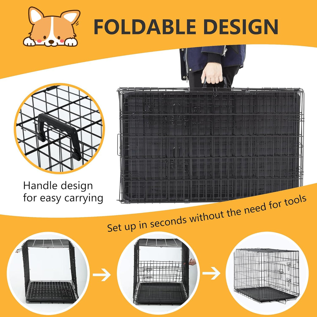 Dog Crate Dog Kennel Cage with Double Door,36 inch Folding Metal Wire Dog Cage with Removable Tray&Divider Panel,Pet