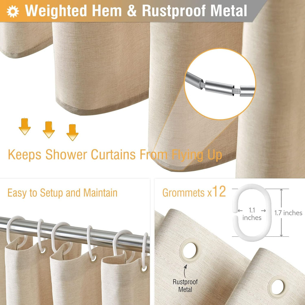 Long Linen Textured Waterproof Shower Curtain Set, 72x84, Beige/Cream | Tall Size, 230GSM Polyester, Heavy Duty