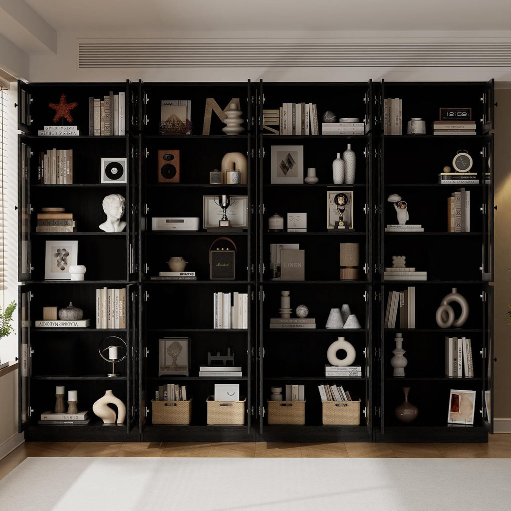 85.5" Modern Bookcase with Glass Doors Set of 4, 7-Tier Tall Wooden Bookshelf with Storage, Large Curio Cabinet