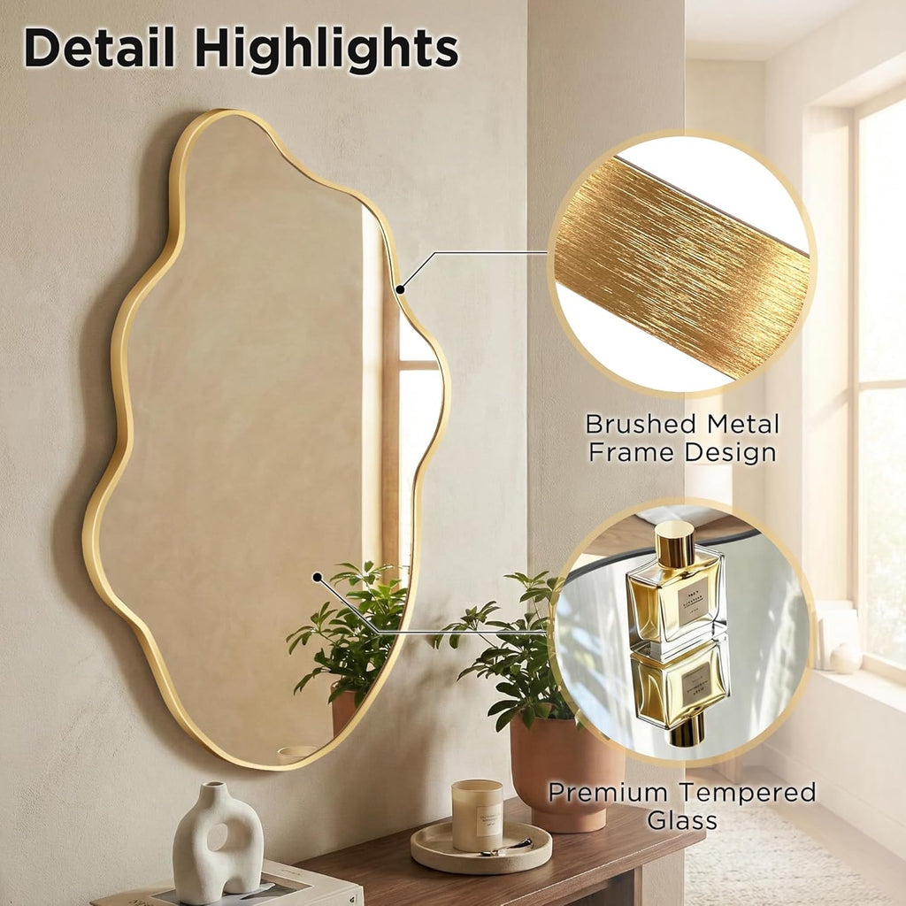 Gold Mirror Irregular Wall Mirror, Asymmetrical Mirror, Irregular Bathroom Mirror, Decorative Wall Mirror, Wavy