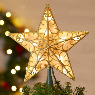 Christmas Star Tree Topper, 9.5 in Plug in Golden Glittered 3D Star Tree Topper, Metal Hollow Designed Built-in 10