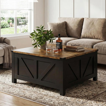 35” Farmhouse Coffee Table with Large Storage, Rustic Wood Lift Top Coffee Table