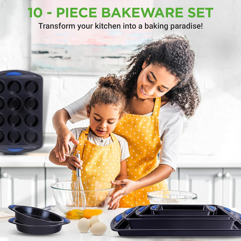 10-Piece Nonstick Bakeware Set - Heavy Duty Carbon Steel Trays w/Silicone Handles - Includes Cookie Sheets, 12-Cup
