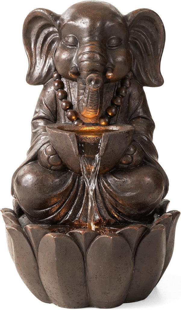 Outdoor Fountains, Water Fountains Outdoor with Lights&Pump, 21.75" H 2-Tiered Zen-Style Bronze Polyresin Elephant