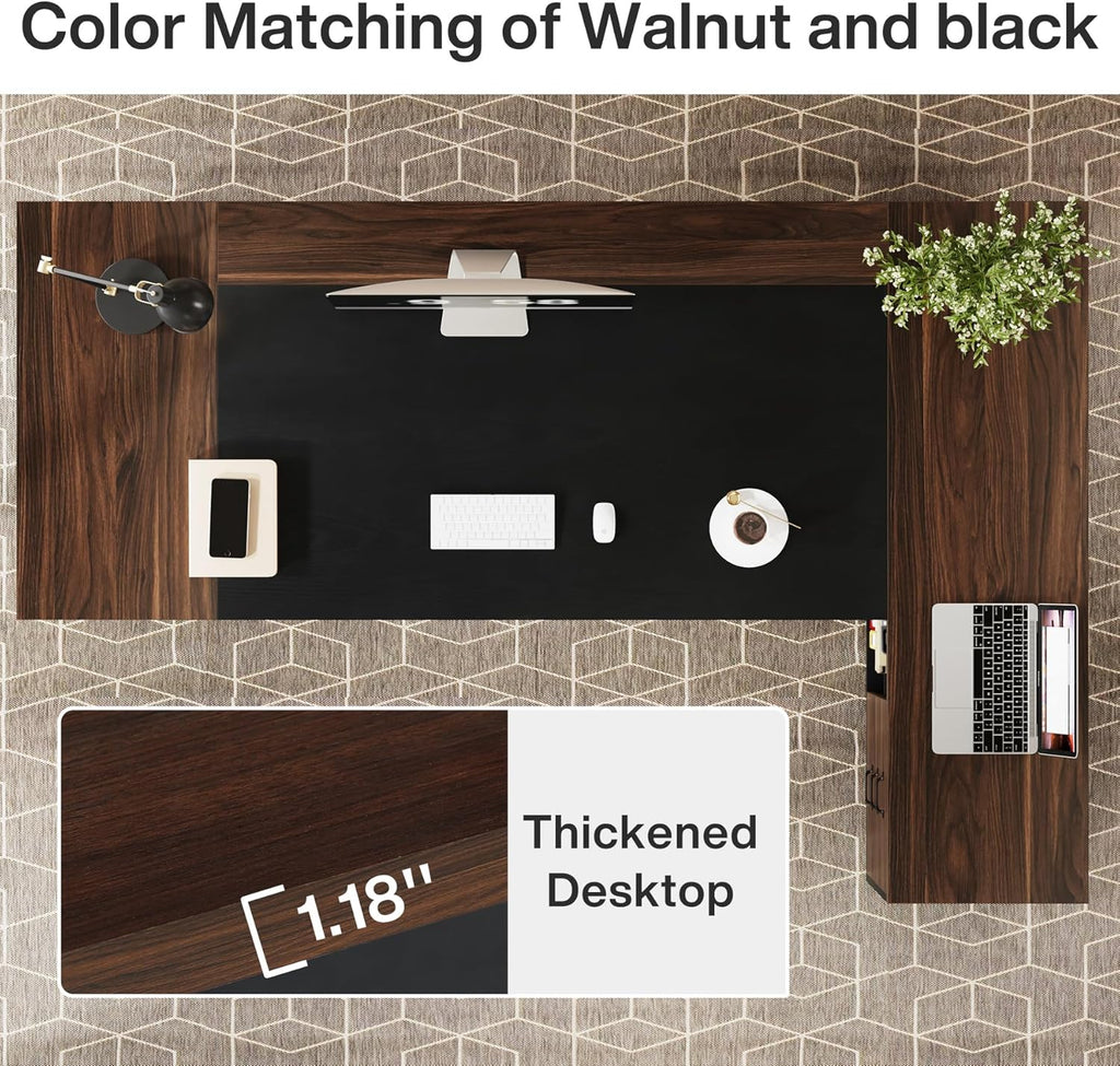 78" L-Shaped Executive Desk, Large Office Desk with Drawers and File Cabinet, Modern Business Furniture (Walnut & Black)