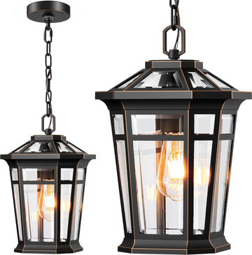 Large Outdoor Pendant Light with Adjustable Chain, Black Hanging Lights with Gold Trim