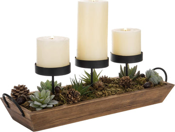 3-Pillar Black Metal Candle Holder with Rustic Wood Tray and Handles, Tabletop/Mantel Centerpiece