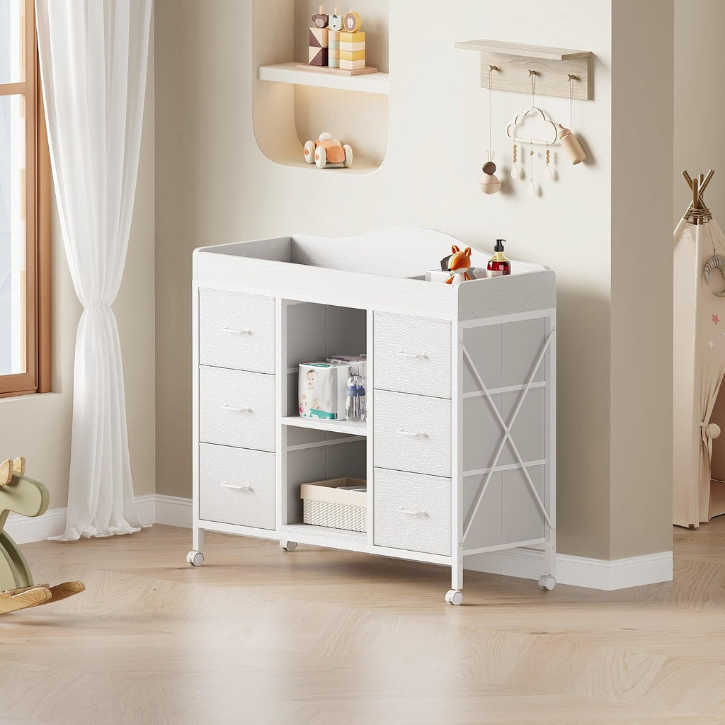Changing Table, 6-Drawer Dresser, Adjustable Shelves, Mobile, White | Changing Table,Waterproof Diaper pad & Safety