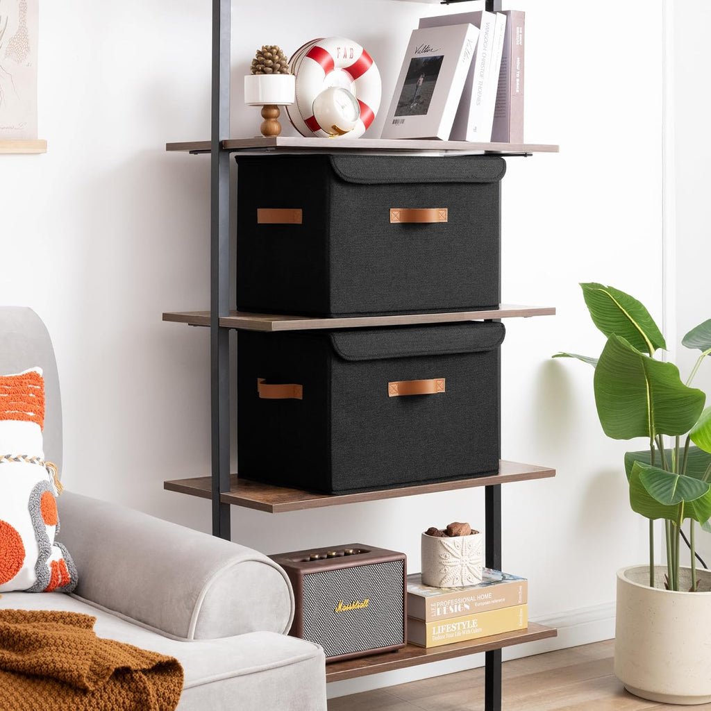Black Storage Bins with Lids, Decorative Storage Boxes with PU Handles, Linen Closet Organizer, Storage Baskets for