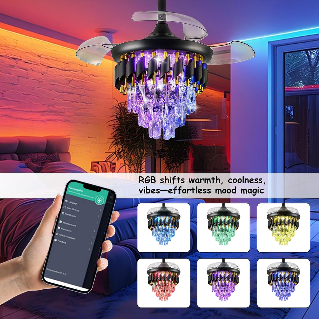 30" Retractable Crystal Ceiling Fan with Light, RGB Modern Chandelier Fan 6 Speeds Reversible Blades Black