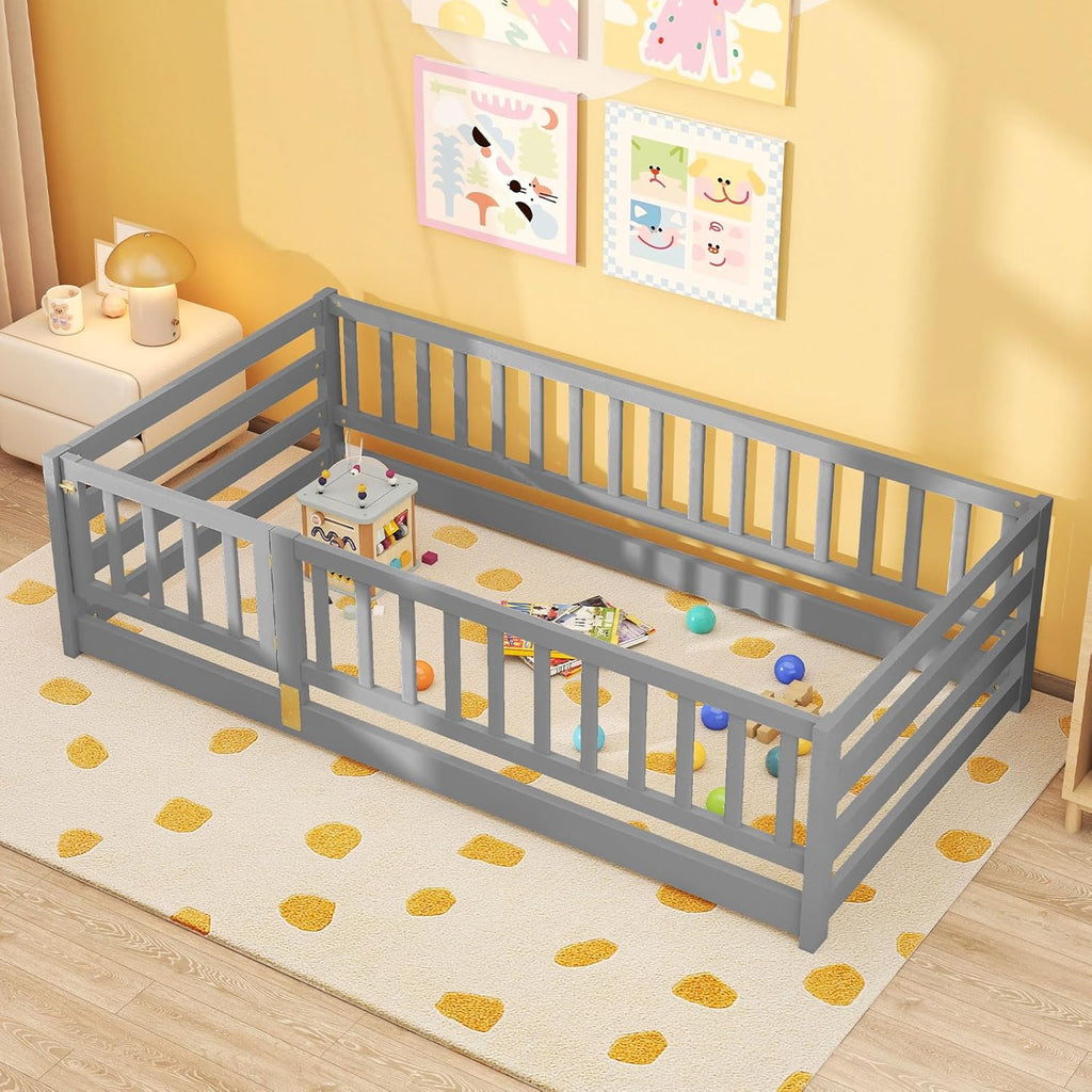 Twin Floor Bed with High Fence & Door, Montessori Floor Bed with 21.5" Safety Guardrails, Solid Wood Twin Beds Frame