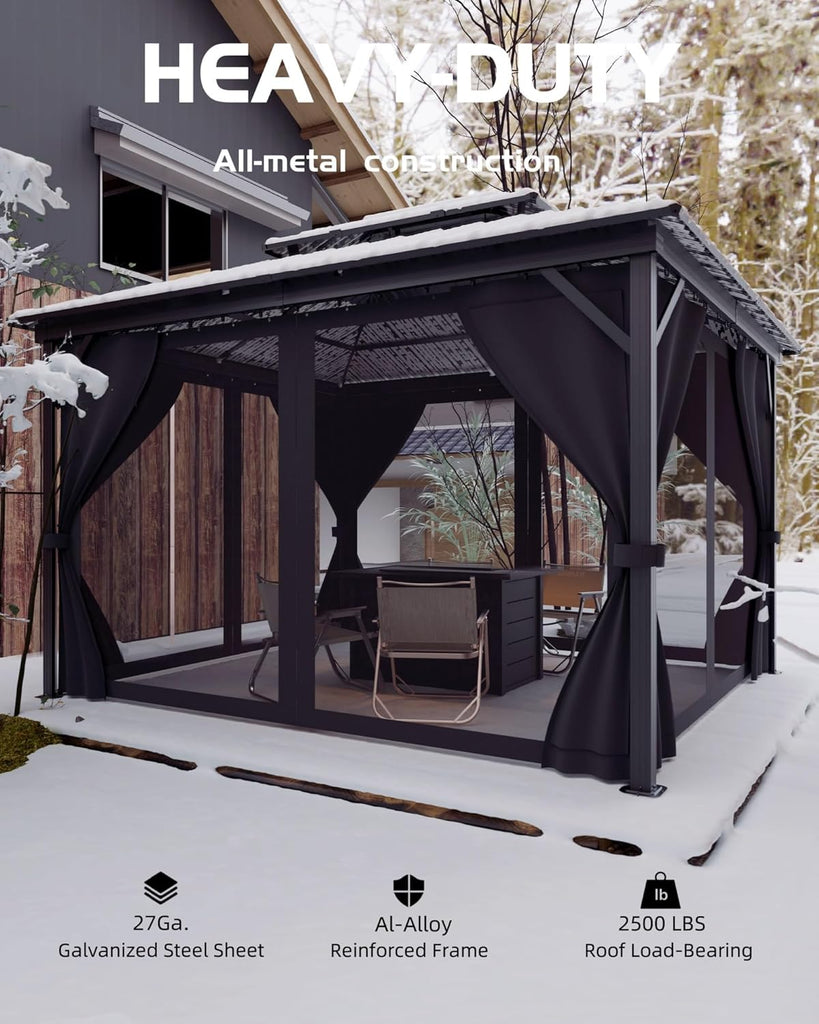 10x12 FT Hardtop Gazebo with Curtains and Netting, Galvanized Steel Double Vented Roof