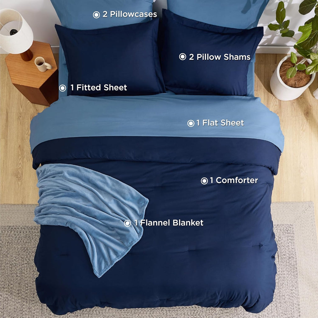 Full Comforter Set Navy Blue, 8 Pieces Prewashed Full Bed in a Bag with Soft Fleece Bed Blanket