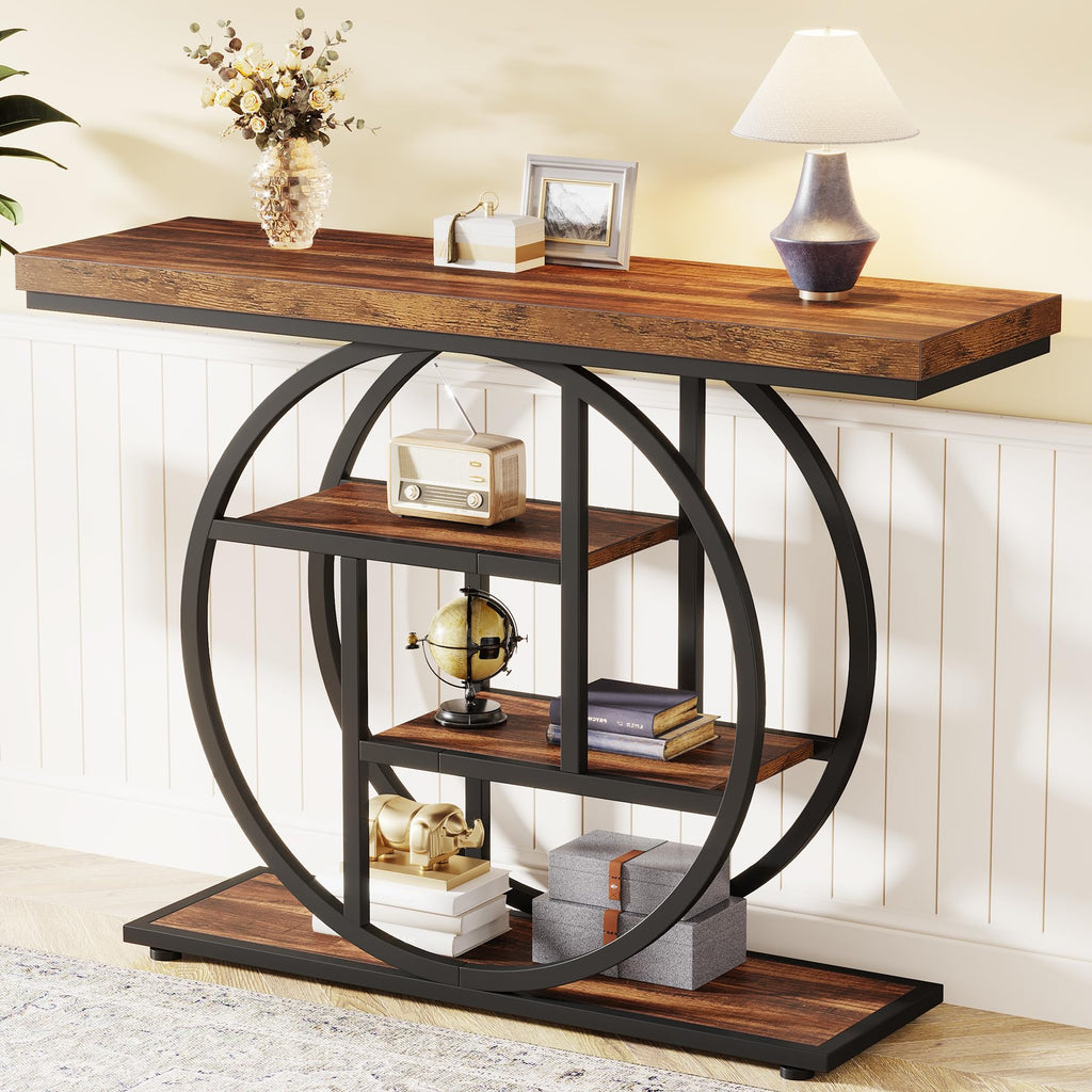41.3" Console Table, Industrial 4-Tier Sofa Table Entryway Table with Circle Base, Narrow Wood Accent Tables with