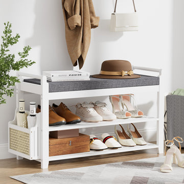 2-Tier Shoe Rack Bench, 31.5 in, White and Dark Grey