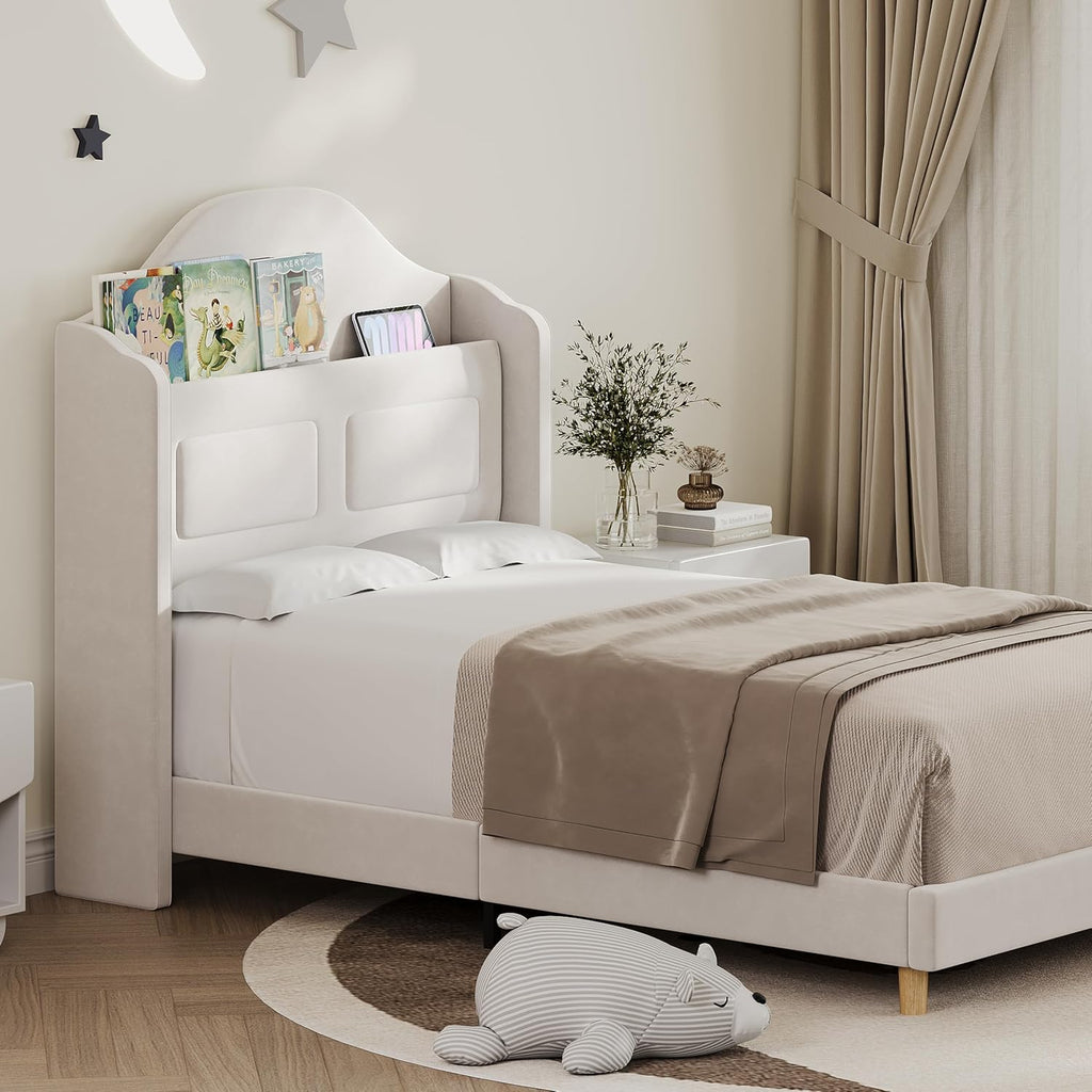 Twin Bed Frame for Kids, Upholstered Platform Bed for Boys/Girls, Beige | Velvet Wingback Headboard with LED Light &