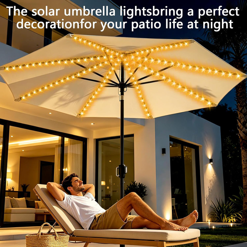 Solar Umbrella Lights Outdoor, Waterproof Solar Powered Patio Umbrella Lights Strings with 104 LEDs 8 Lighting Modes