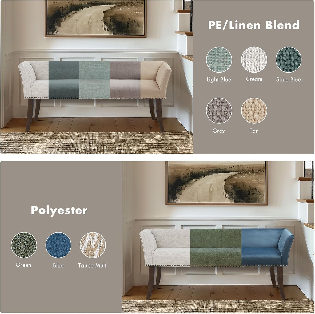 Accent Bench, Upholstered with Nailhead Trim, & Padded Seat Entryway Bench Small, End of Bed Bench with Back, 49.5" W