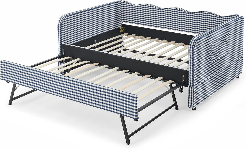 Gingham Daybed with Pop-up Trundle and Side Storage Pockets /Guest Room, Full Size 3-in-1 Convertible Upholstered
