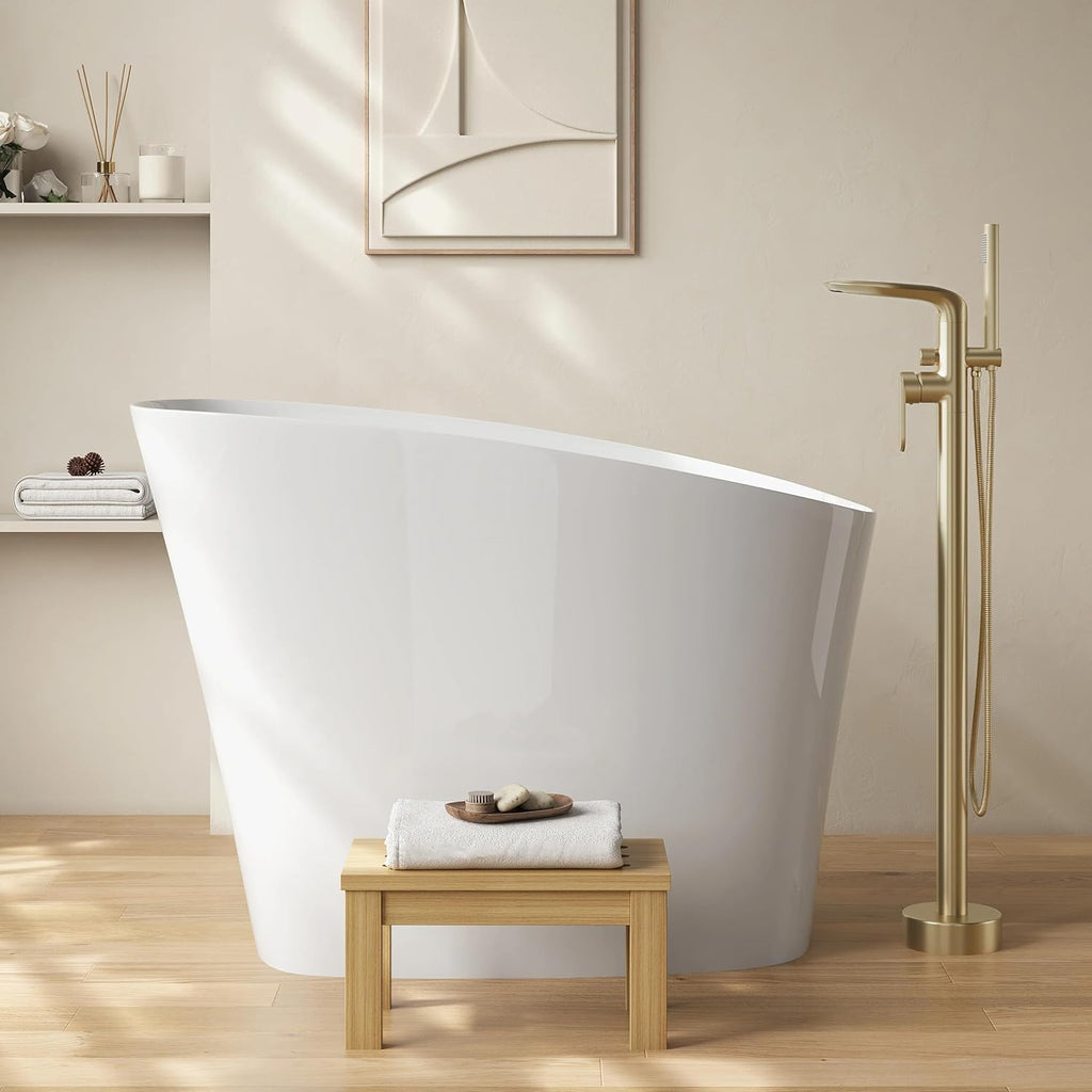 47" Japanese‑Style Irregular Freestanding Soaking Bathtub, Modern White Stone Resin Deep Soaker Tub with Built‑in