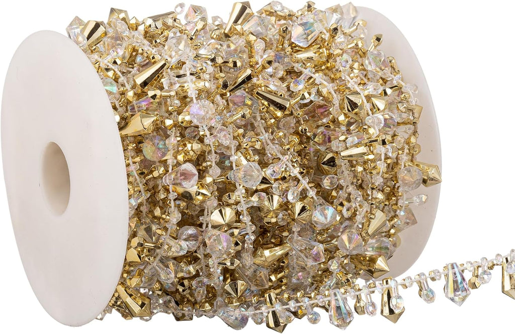 33 Feet Crystal Garland Christmas Clear Iridescent Crystal Bead Rolls and Gold Bead Garland Twist Bead String for