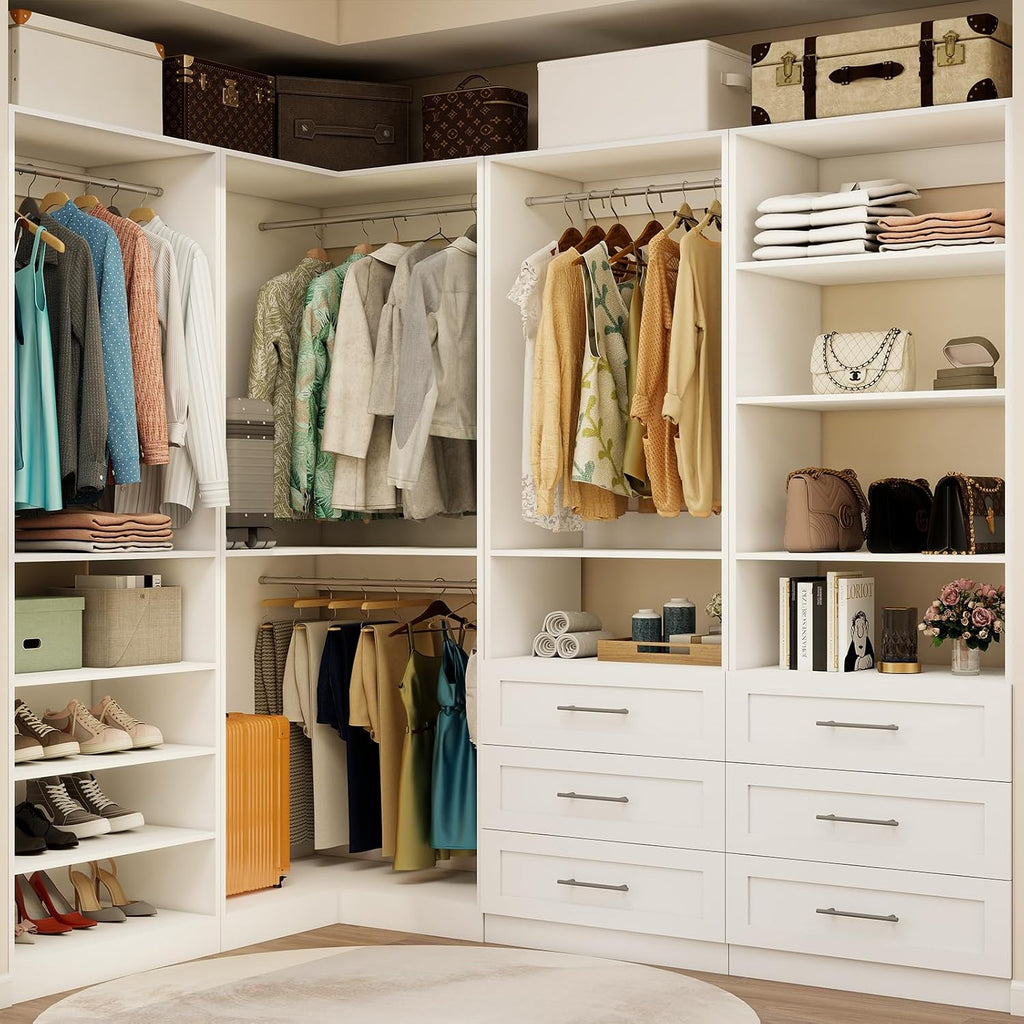 Closet System with 4 sets, 101.9" Closet Organizer Systems with 6 Drawers & 8 Hanging Rods & Adjustable Shelves, Walk