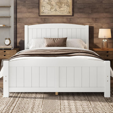 Full Farmhouse Bed Frame with Headboard & Footboard, White Mid-Century Modern Platform Bed Full, Vintage Solid Wood
