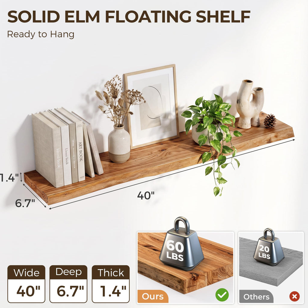 Live Edge Elm Floating Shelves - 40 In Rustic Solid Wood Shelves with Heavy-Duty Invisible Bracket, Wall-Mounted