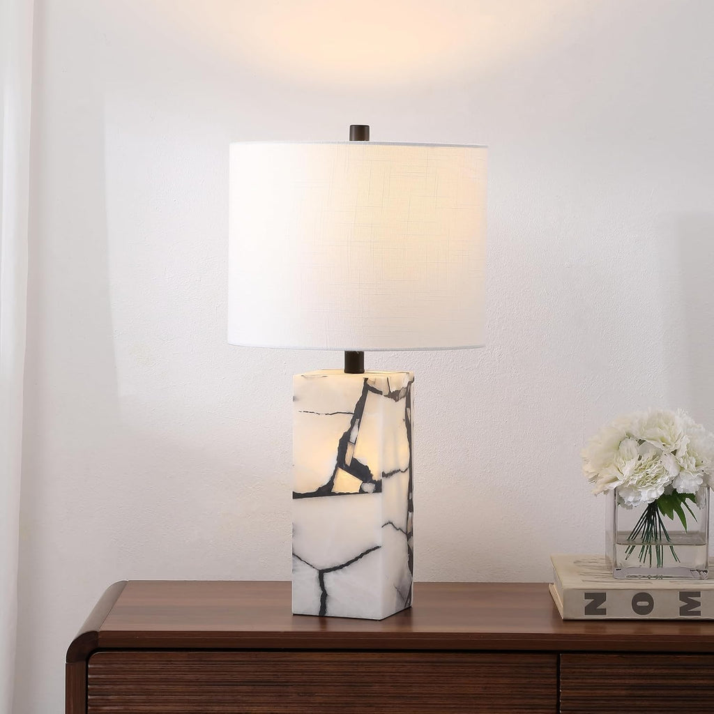 24.25" Black/White Modern Alabaster LED Table Lamp Decor, White Linen Shade