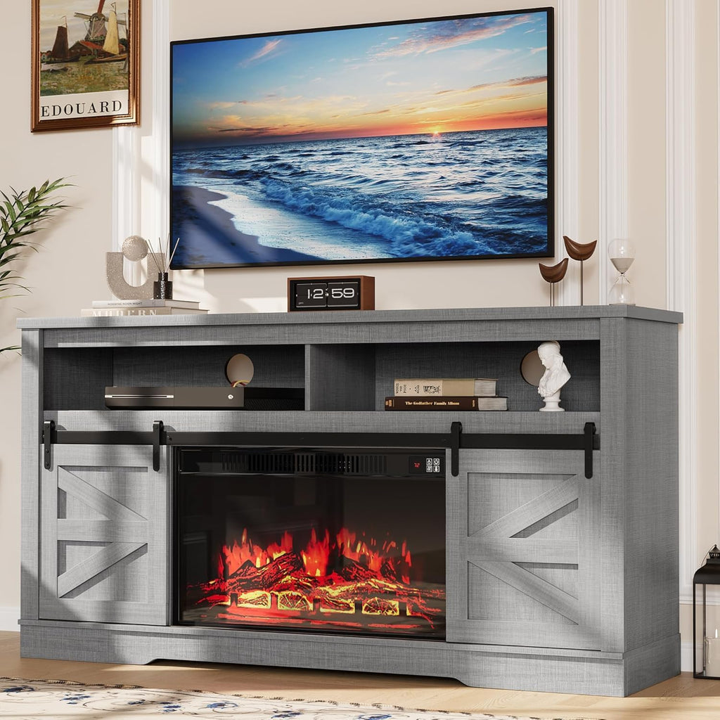 Fireplace TV Stand for Television up to 65+ Inch with Storage and Farmhouse Sliding Barn Doors, Entertainment Center