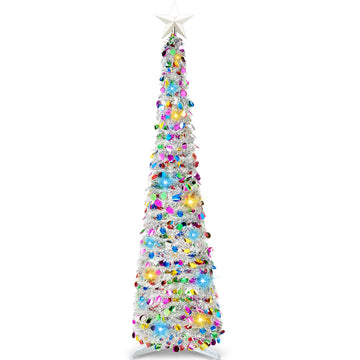 5 Ft Pop up Tinsel with Lights and Star, Pencil Decor, Collapsible Xmas Tree for Xmas Decorations Indoor Holiday