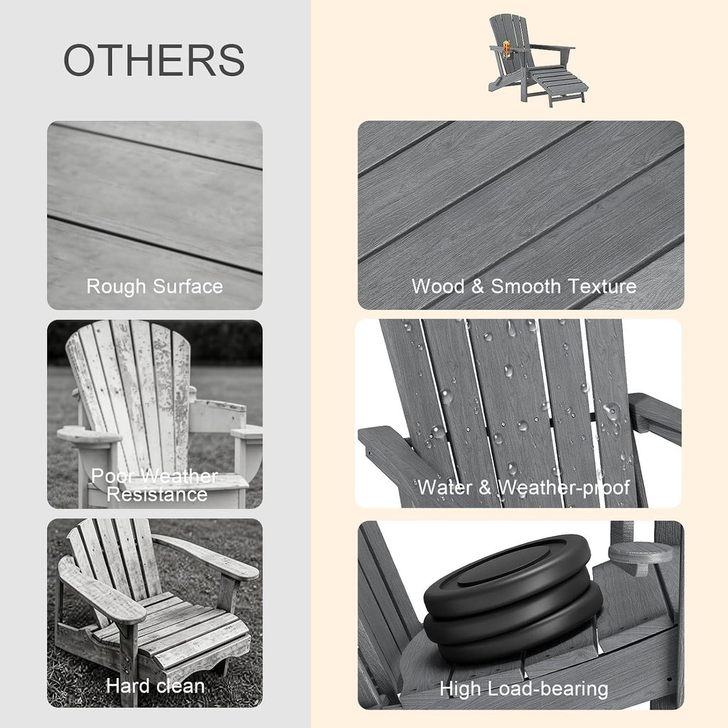 Folding Adirondack Chair with Retractable Ottoman,HDPE Outdoor Adirondack Chair with Cup Holder,All-Weather Lounge