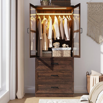 75" Tall Farmhouse 2 Doors Armoire Wardrobe Closet with 3 Drawers and LED,Freestanding Closet Wardrobe Cabinet with