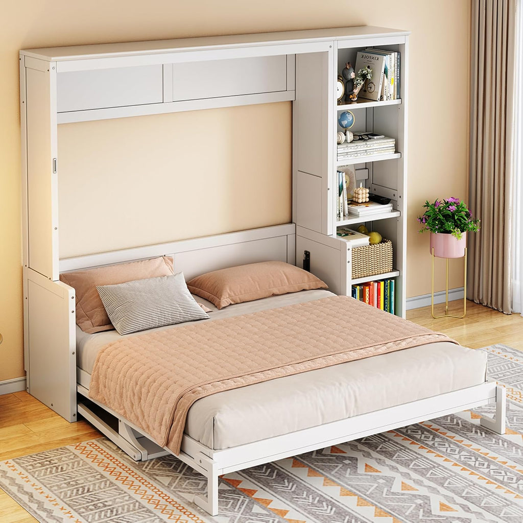 Queen Murphy Bed with Desk and Bookshelf, Space-Saving Design Foldable Wall Bed, Fold into The Wall, Pine Wood