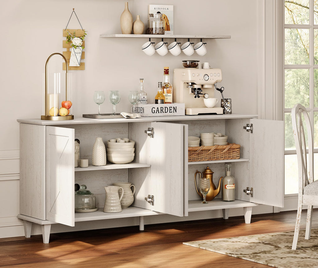130-inch Handcrafted Patchwork Decorative Buffet Cabinet with Pop-Up Design Doors, 2-in-1 Large Modern Farmhouse