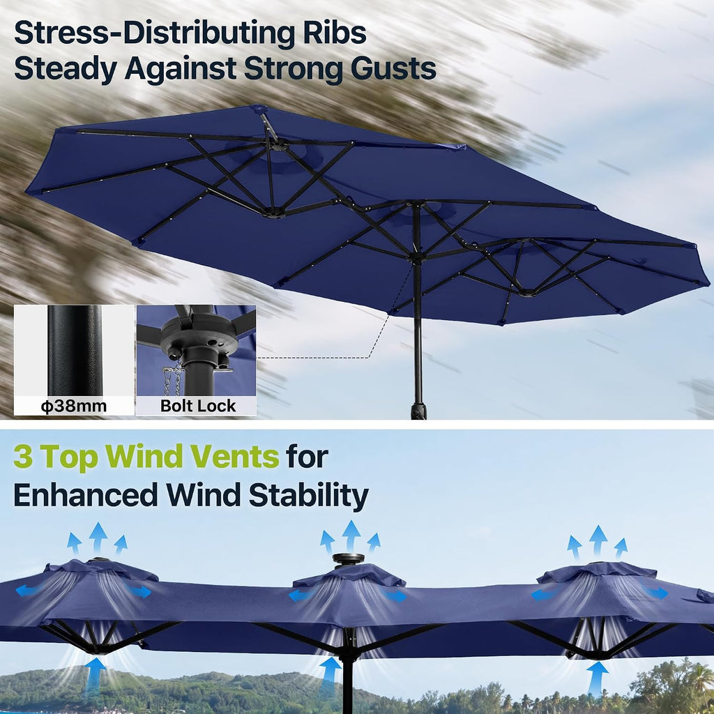 13ft Patio Umbrella Double Sided Outdoor Umbrella Table Umbrella with Solar lights Pool (Navy)