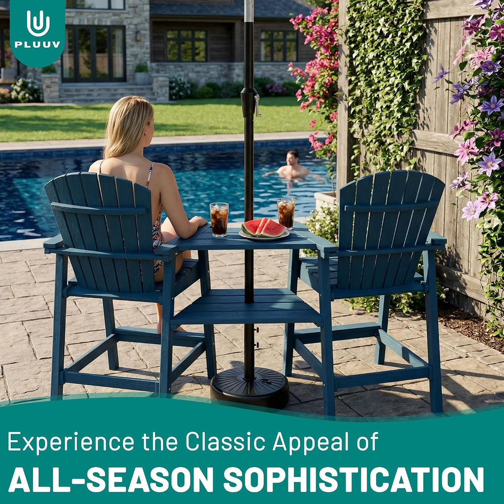 Tall Adirondack Chairs Set of 2 with Double Connecting Trays, Navy | HDPE Bar Height Outdoor Chairs with Umbrella