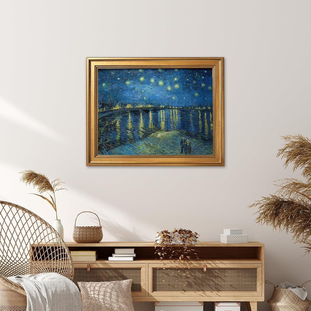 Gold Framed Starry Night by Vincent Van Gogh Poster Night View Wall Art Vintage Famous Oil Paintings Reproduction