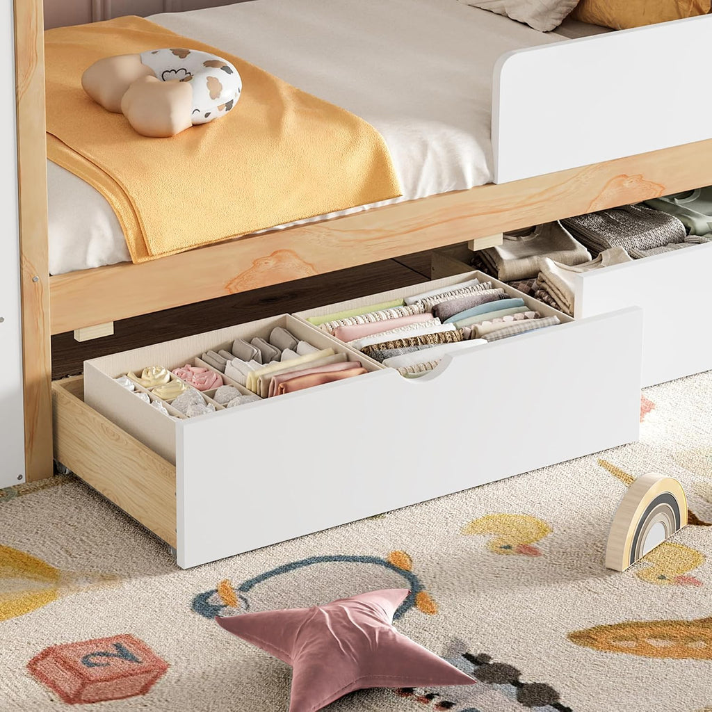 Twin Size House Bed, Solid Wood Platform Bed with Drawers and Wardrobe, House Shape Bed Frame with Built-in Shelves