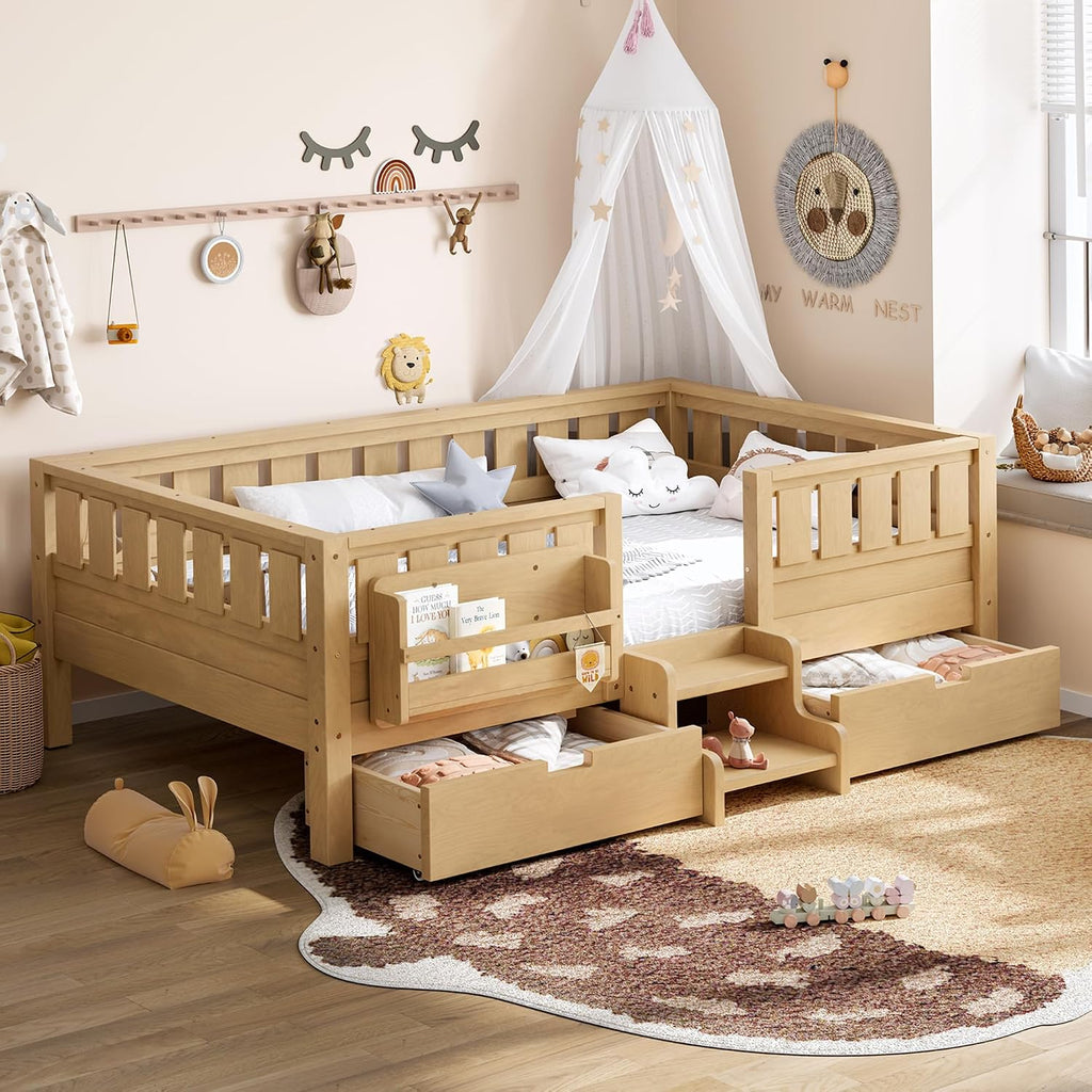Twin Floor Bed with Stairs, Rails and Slats, Twin Size Montessori Floor Bed with Bookshelf and 2 Storage Drawers