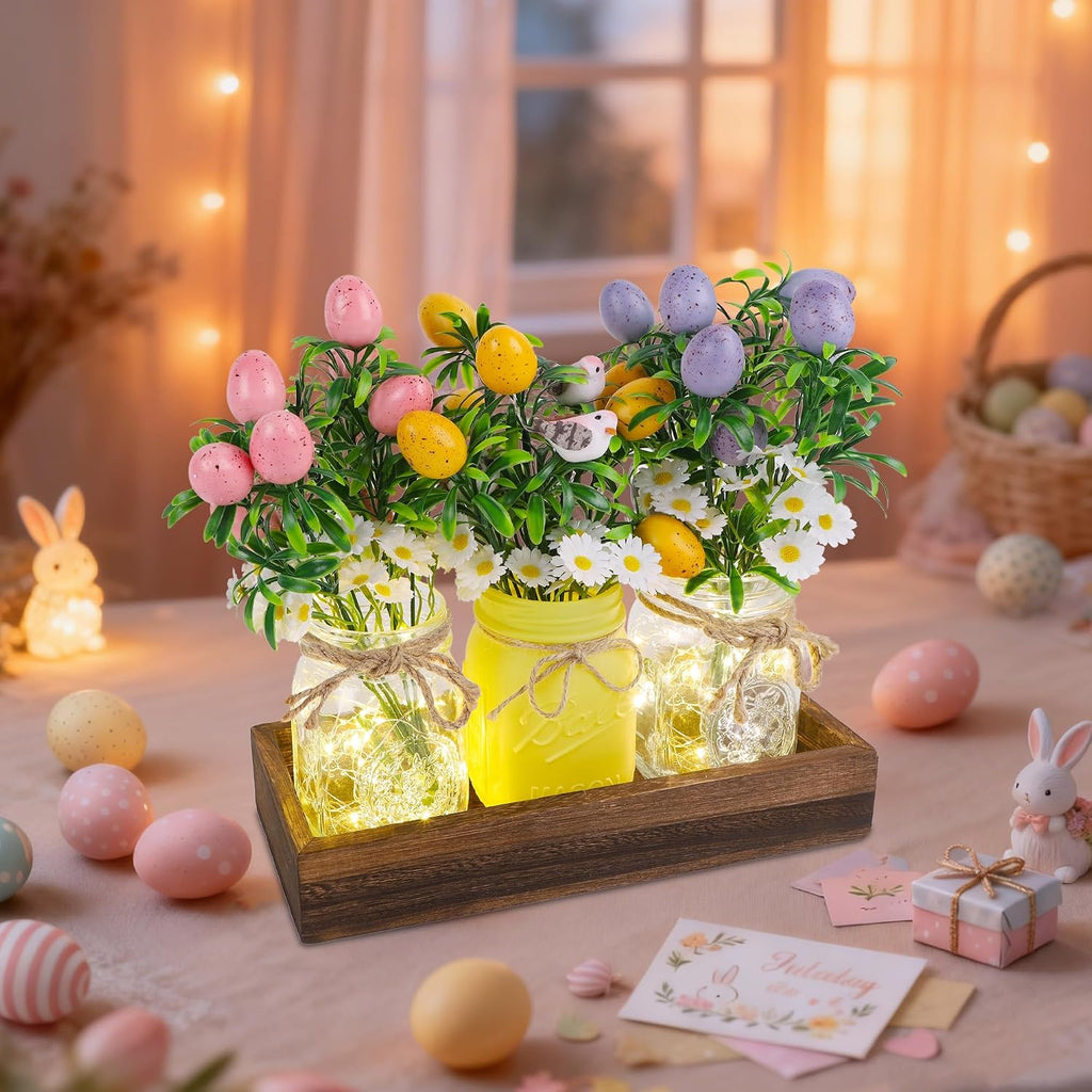 Easter Decorations, Easter Table Centerpiece with Egg Picks in Glass Vases, Wood Tray & Led Lights with Timer, Spring - Set of 3