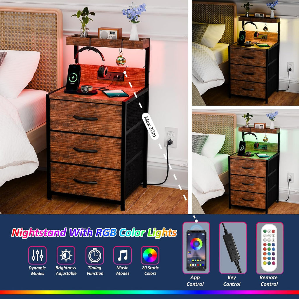 Nightstands Set of 2, End Table with LED Light and Charging Station Type C, 3 Drawers Storage Night Stand with Hooks