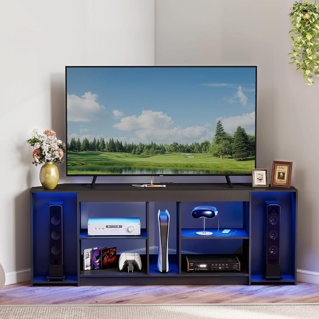 Modern TV Stand with LED Lights & Power Outlets for 75 inch TVs, Gaming Entertainment Center for PS5 Xbox, Media