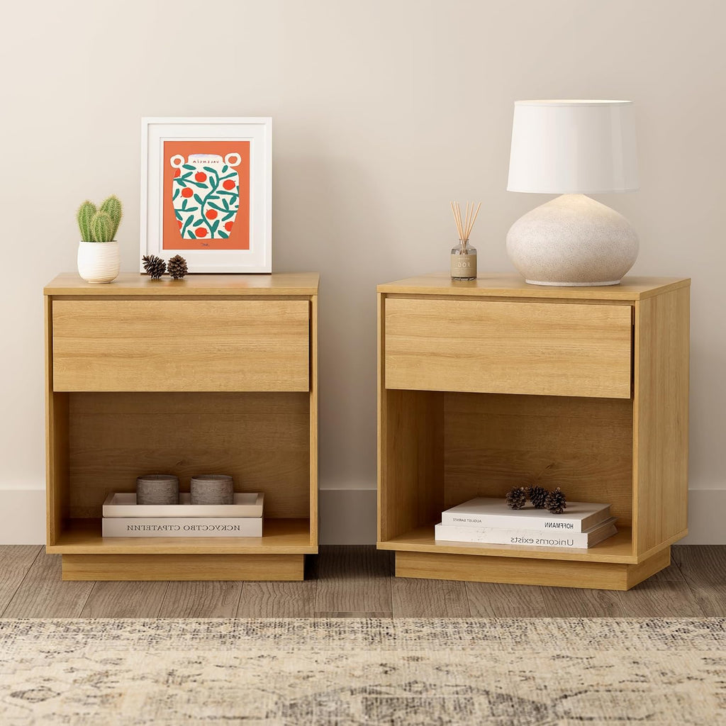 Wood End Side Table Modern Farmhouse Nightstand Bedside Cabinet with Storage Drawer and Open Shelf , Natural Oak
