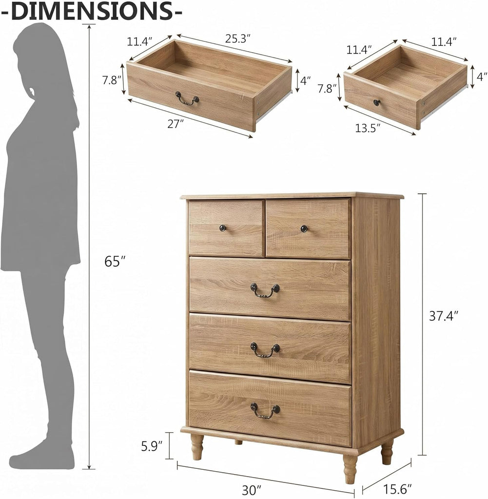 Farmhouse Chest of Drawers 5 Drawers Dresser Oak | 30" Wide Vertical Dressers & Chests of Drawers Vintage Wood