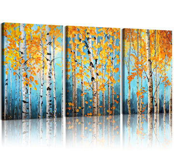 Birch Tree Wall Art, 3-Piece Teal Blue Autumn Forest Canvas Painting, Yellow Leaf Natural Forest Picture Wall Decor