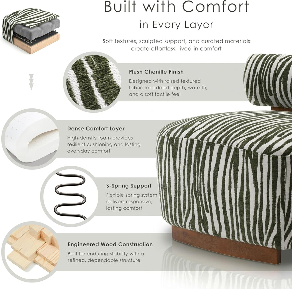 Sebras Modern Chenille 30.3-inch Accent Chair with Zebra-Stripe, Cylindrical Backrest , Green